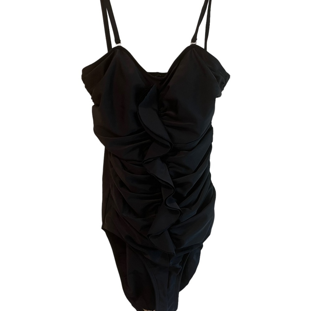 Valerie Bertinelli‎ woman’s black ruched, ruffled one piece swimsuit, size 10​